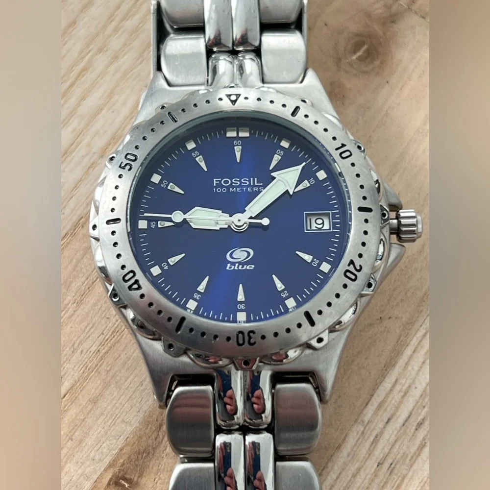 Fossil Blue Watch Stainless Weave Bracelet Dark Blue Dial Date Window